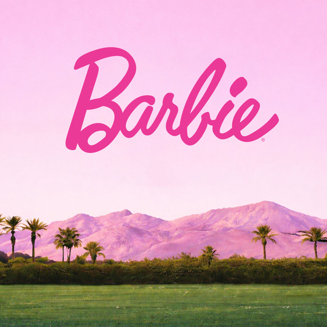 Barbie logo over pink mountains and palm trees