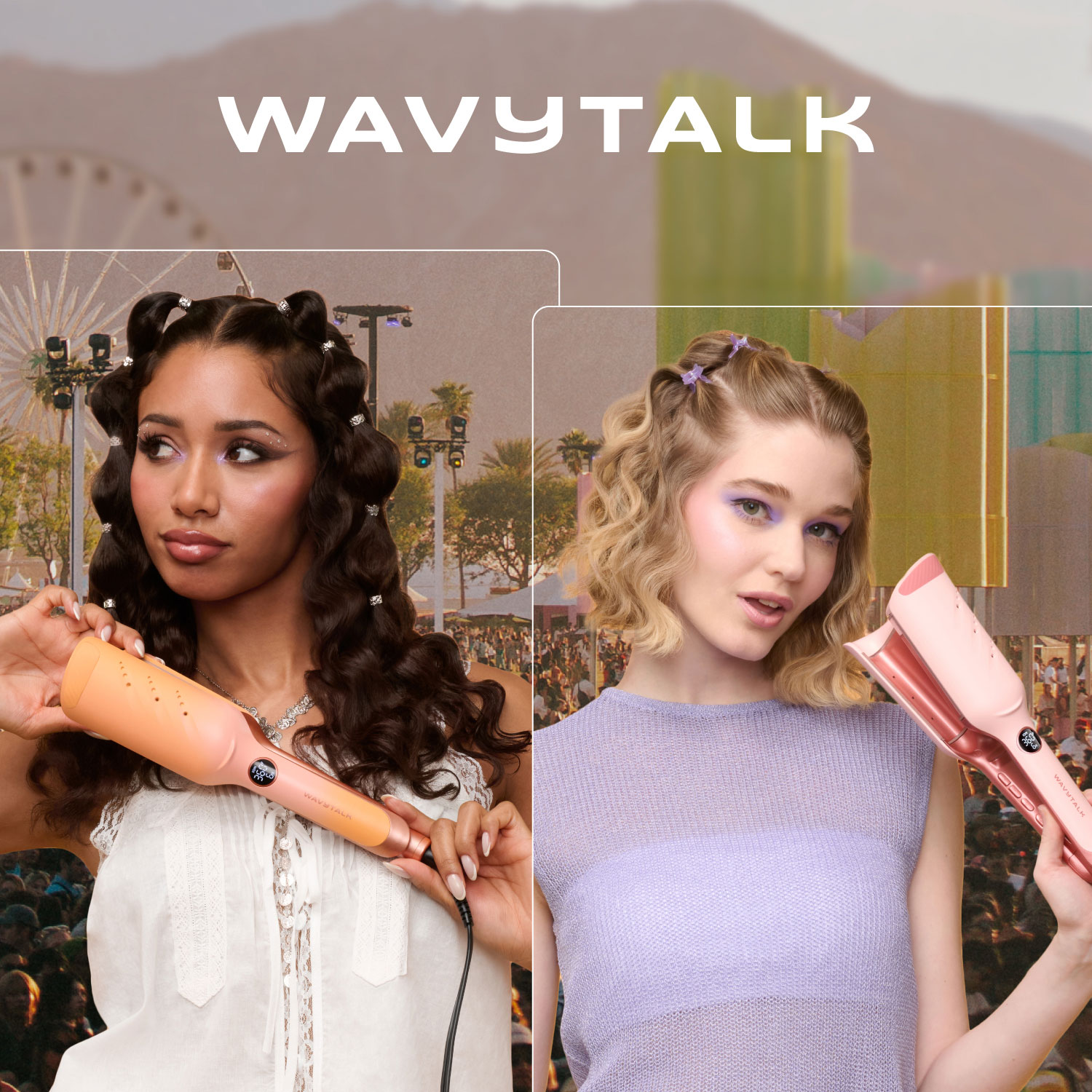 Wavytalk logo and two people with hair tools