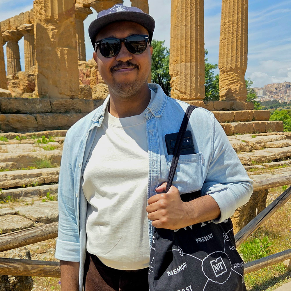 Juan Pilar at architectural ruins