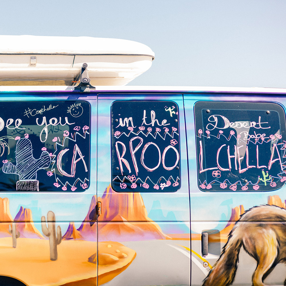 Van with Carpoolchella written on windows