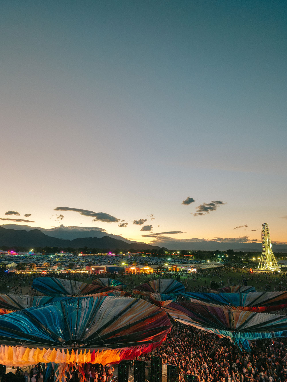 Crowd behind art installation at dusk