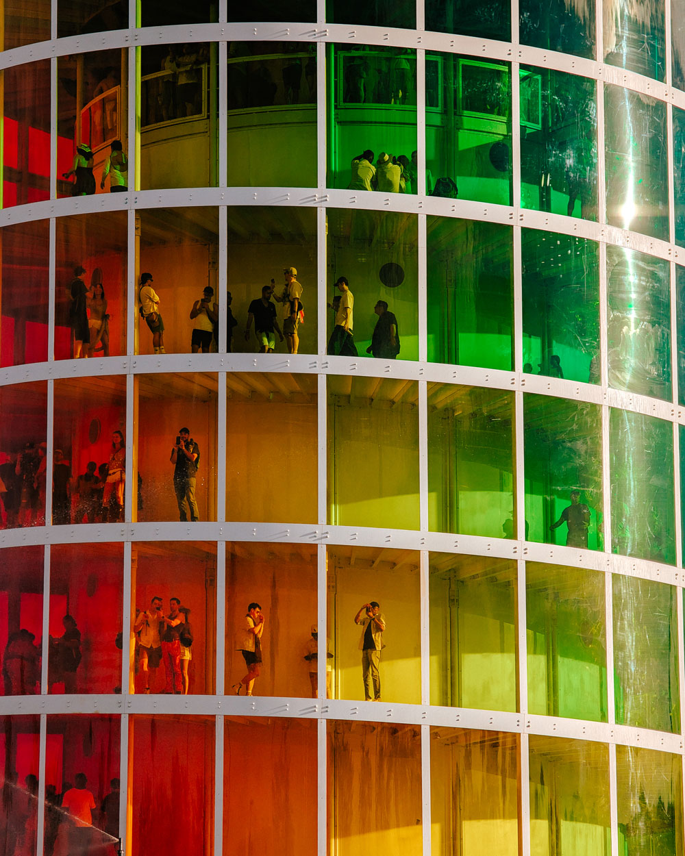 close up of fans walking inside Coachella tower