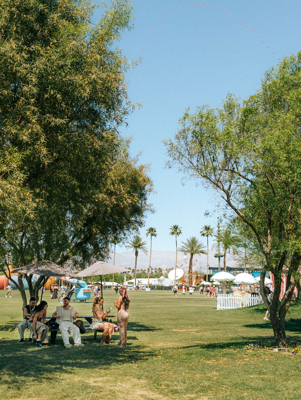 fans sitting on bench in shade